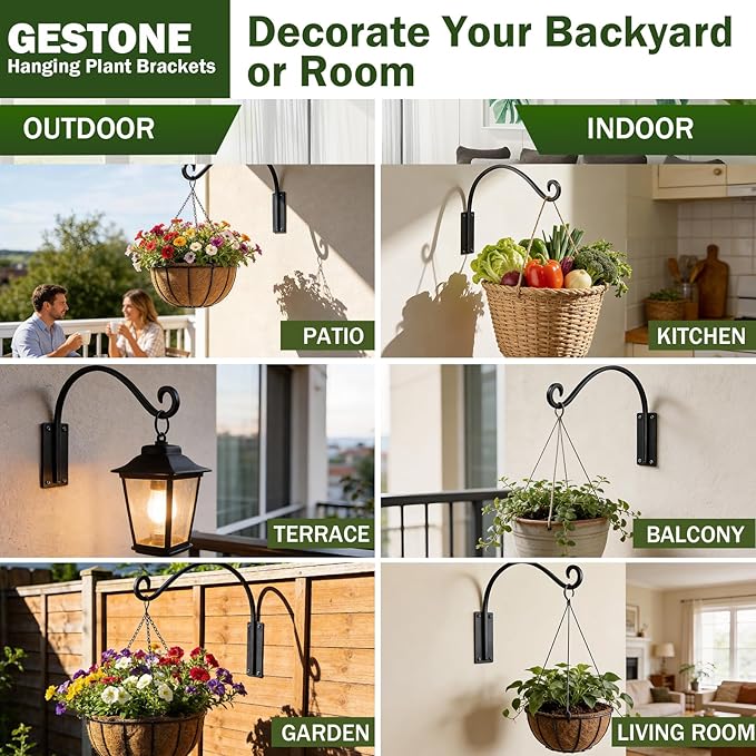 Heavy Duty 12 Inch Plant Hangers Bracket Outdoor, 50lbs Weight Capacity-4 Pack Metal Wall Hooks for Hanging Plants, Bird Feeder, Wind Chime, Wall Decor, Plant Hanger Hooks for Hanging Flower Baskets