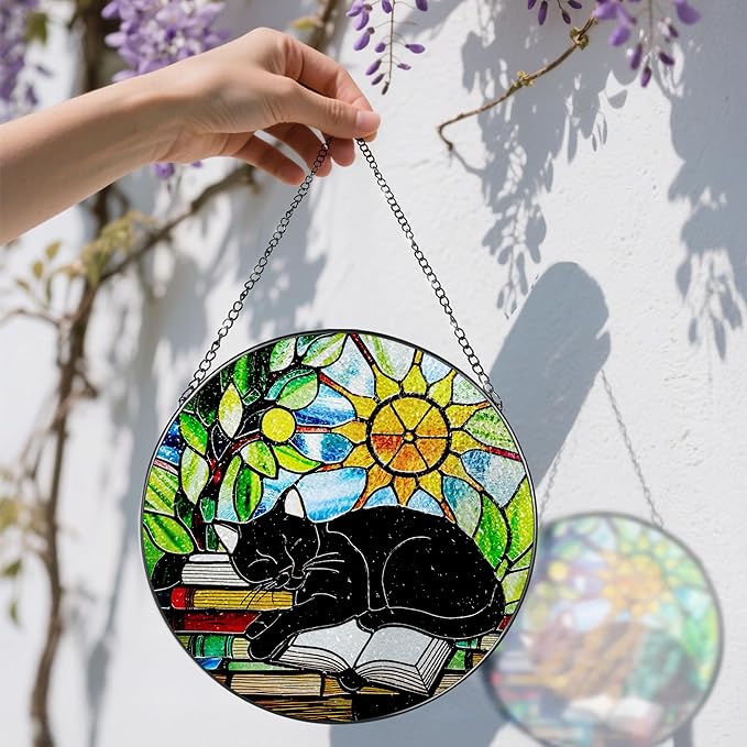 Stained Glass Window Hanging, 8 Inch Black Cat on Book Stained Glass Suncatcher, Window Decor Hanging, Cat Lover Gifts, Reading Decor, Bookish Gift, Librarian Gift, Book Lover Gifts