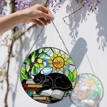 Stained Glass Window Hanging, 8 Inch Black Cat on Book Stained Glass Suncatcher, Window Decor Hanging, Cat Lover Gifts, Reading Decor, Bookish Gift, Librarian Gift, Book Lover Gifts