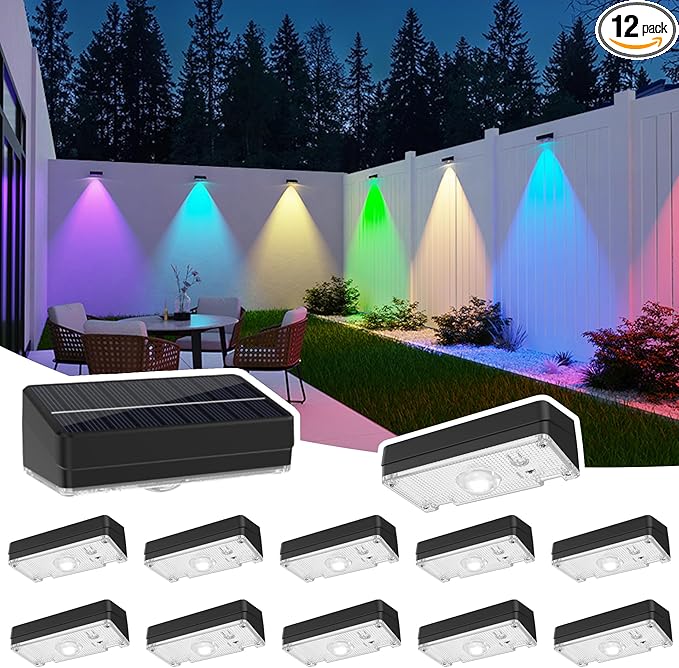 ZCXLIGHT Solar Fence Lights,Fence Lights Solar Powered Waterproof IP65 Multicolor Led 12 Fixed Colors ＆RGB Color Changing for Pool, Deck, Patio, Porch, Stairs, Holiday-12pack
