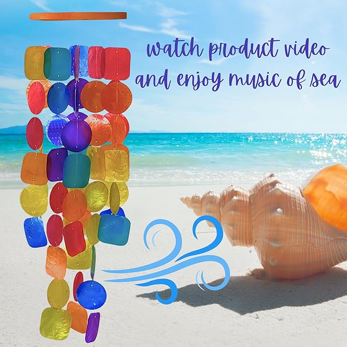 Bellaa Handmade Wind Chimes Outdoor, Musical, Garden Decorations, Beach, Ocean, Breeze, Gifts for Mom, Outside Windchimes, 63pcs, Capiz, Shells, Sea, Glass, Wood, Turquoise, 20744