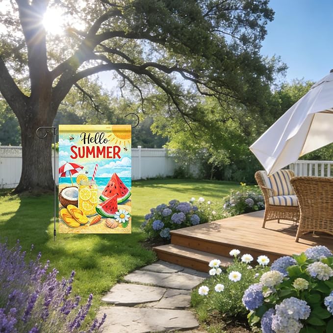 Nuxovilar Summer Garden Flag Hello Summer Lemon Watermelon Beach Pattern Polyester 12x18 Inches Garden Flags for Outside Seasonal Decor Yard Porch Lawn