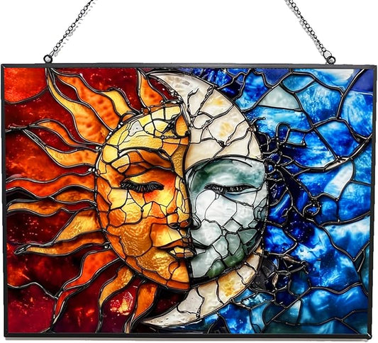 Rectangle Sun and Moon Stained Glass Suncatcher Window Hangings, Suncatchers Colorful Glass Panel Sun Catchers Gifts, Decoration for Home Garden Christmas Party Wedding