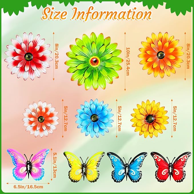 Gisafai 10 Pack Metal Flowers Wall Decor Outdoor, 3D Metal Daisy & Butterfly Fence Decor Wall Art for Garden Patio Backyard Balcony, Colorful Housewarming Birthday Mother's Day Gift(Vintage)
