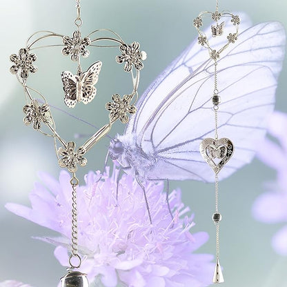 Butterfly Bell Wind Chimes - Butterfly and Heart with Mobile Design - Metal Silver Hearts - Butterflies and Flowers - 40" Long - Sturdy S Hook for Hanging