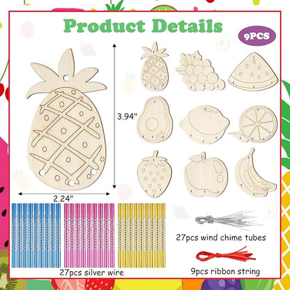 9Pack DIY Wind Chime Kit for Kids, Fruit Theme Wooden Arts and Painting Crafts Hanging Ornaments for Autumn Outdoor Activity Home Garden Patio School Classroom Decor Birthday Party Gift