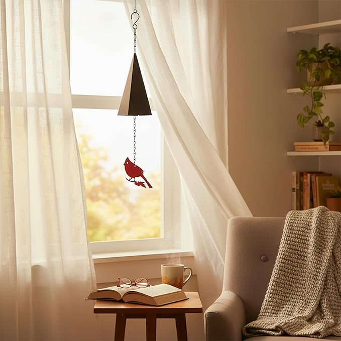 Coastal Country Style Wind Bells Inspired by North Design – Cardinal Bird Geometric Metal Bell Chime with Buoy Catcher for Outdoor Yard Home Decor, Red and Black Windchime for Outside Boothbay Theme