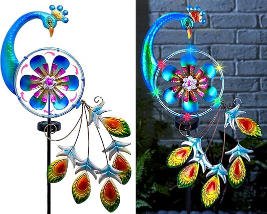 Wind Spinners Outdoor for Yard and Garden - Wind Sculptures & Spinners - 41 Inch Wind Spinner with Solar Powered Multi-Color Light for Yard Garden Backyard Lawn Peacock Decorations