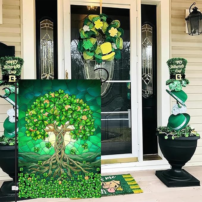 St Patricks Day Garden Flag 12x18 Double Sided Outside Shamrock Clover Tree Life Welcome Holiday Yard Signs for Saint Patrick Spring Outdoor Decorative