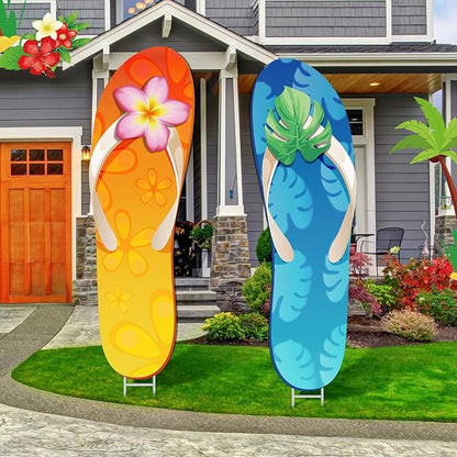 2 Pcs Summer Yard Signs Outdoor Lawn Decoration Summer Slippers Waterproof Courtyard Yard Decorations with Stake Garden Lawn Party Courtyard Decoration