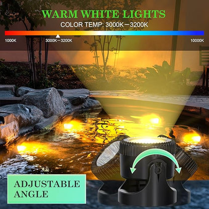 SoulBay Pond Lights LED Underwater, 4 Pack P68 Waterproof Low Voltage Landscape Lighting with 8-Hour Timer Plug for Fountain Fish Tank KOI Pond Water Features Outdoor, Warm White Bright 3200K