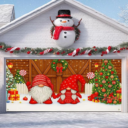 IVN Christmas Garage Door Cover Decoration 13x6ft Gnomes by Barn Doors with Tree Merry Christmas Garage Door Banner Home Door Front Yard Decor for Xmas Eve Holiday Outdoor