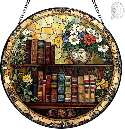 Book Stained Glass Suncatcher Ornament, Stained Glass Window Hanging, Sun Catchers Indoor Window, Suncatchers for Windows Hanging, Home Garden Decor Glass Panel, Bookish Gifts for Women Reader Lovers