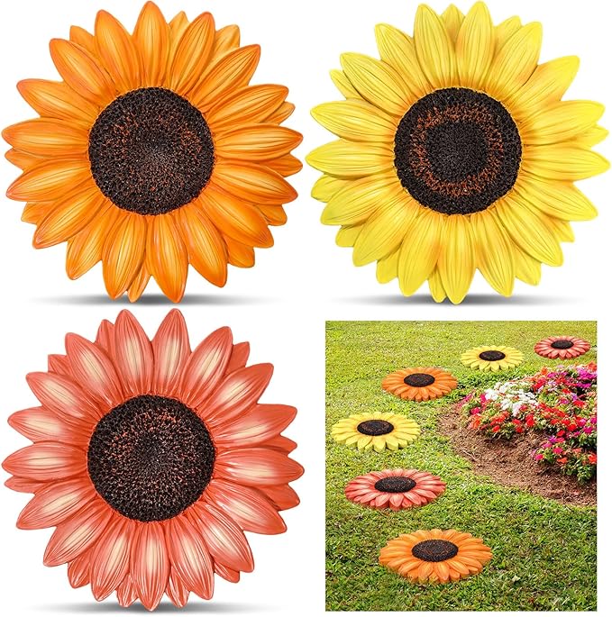 Cinnvoice 3 Pack Garden Stepping Stone Outdoor, Decorative Dimensional Resin Stepping Stones for Patio Pathway Landscaping Walkway Sculpture Yard Backyard Lawn(Sunflower,10 Inches)