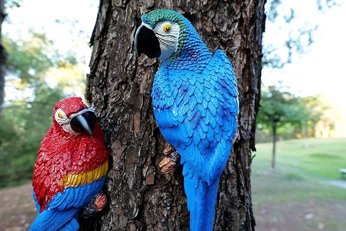 2 Pieces Fake Parrot Decor Artificial Parrot Decoration 12.5" Lifelike Large Resin Parrots Statue Tiki Bar Decorations Macaw Realistic Tropical Bird for Garden Patio Yard Lawn Tropical Tree Wall