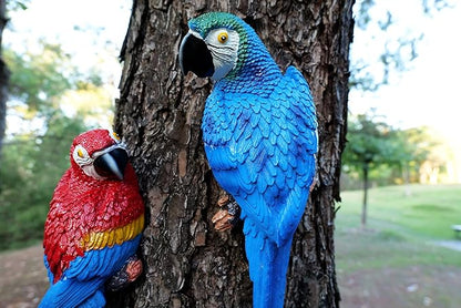 2 Pieces Fake Parrot Decor Artificial Parrot Decoration 12.5" Lifelike Large Resin Parrots Statue Tiki Bar Decorations Macaw Realistic Tropical Bird for Garden Patio Yard Lawn Tropical Tree Wall
