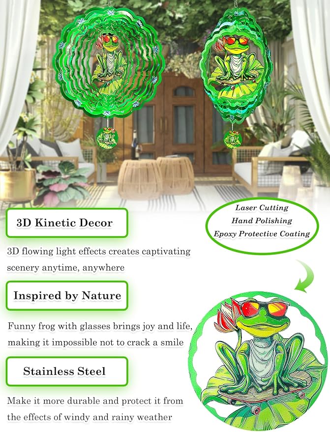 Frog Wind Spinners Outdoor Garden Decor for Outside - 12 Inch 3D Stainless Steel Metal Wind Spinners - Frog Gardening Gifts for Women, Yard Decorations Outdoor Hanging Decor