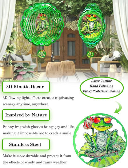 Frog Wind Spinners Outdoor Garden Decor for Outside - 12 Inch 3D Stainless Steel Metal Wind Spinners - Frog Gardening Gifts for Women, Yard Decorations Outdoor Hanging Decor