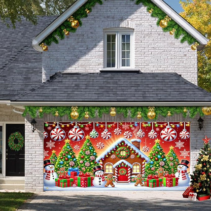 HOMETITUTE Christmas Garage Door Banner 13x6ft Gingerbread House Snowman Candy Cane Holiday Backdrop Winter Scene Porch Entryway Wall Hanging Indoor Outdoor Seasonal Decorations