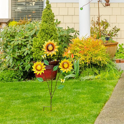 30" Metal Flowers for Outside Garden Stakes Decorative - 3-Head Sunflower Metal Yard Art Outdoor and Garden Decor, Spring Lawn Ornaments for Porch Backyard Patio, Rustproof Garden Gifts