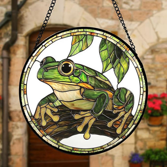 DASTOLL Stained Glass Window Hanging, Frog Green Leaf Sun Catchers Colorful Glass Panel Cool Suncatcher Decor for Birthday for Women, Men, Wife, Aunt, and Mom 11.8x11.8 in