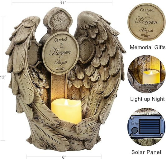 12“ Angel Wings Embracing Cross Solar Flameless LED Candles Outdoor Garden Memorial Statue for Garden Decoration Yard Art, A Touching Memorial Gift & Condolence Gifts Grave Decorations for Cemetery