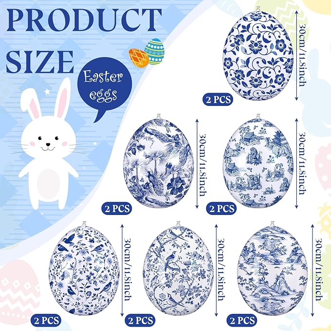 Realspring 12 Pcs 12 Inch Inflatable Blue and White Easter Eggs Decorations Chinoiserie Porcelain Easter Inflatables Outdoor Decor Spring Large Blow up Hanging Egg Ornaments for Holiday Party Supplies