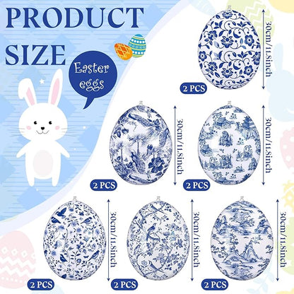 Realspring 12 Pcs 12 Inch Inflatable Blue and White Easter Eggs Decorations Chinoiserie Porcelain Easter Inflatables Outdoor Decor Spring Large Blow up Hanging Egg Ornaments for Holiday Party Supplies