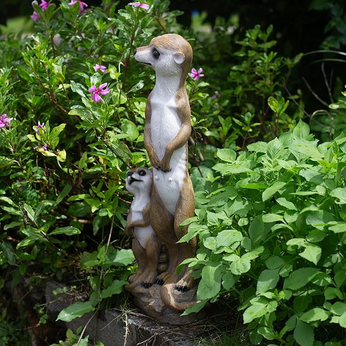 Outdoor Meerkat Sculpture Garden Decoration, Simulated Animal Courtyard Decoration, 17.7 inch Outdoor Decorative Animal Figurine, Parent and Baby Design