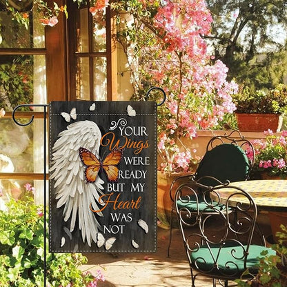 Dyrenson Memorial You Wings Were Ready But My Heart Was Not Decorative Garden Flag, Butterfly Cemetery Yard Outside Home Decoration, Burlap Outdoor Small Decor Double Sided 12 x 18
