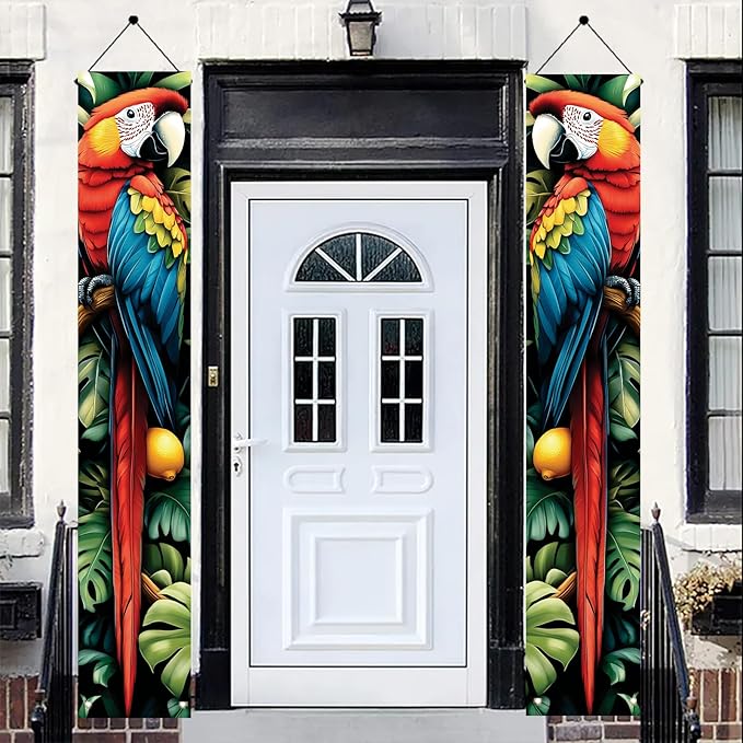 Tropical Parrot Porch Banners 71x12 Inch Summer Luau Party Decorations Colorful Macaw Hanging Door Signs Jungle Leaves Citrus Fruits Outdoor Patio Welcome Banner for Home Decor