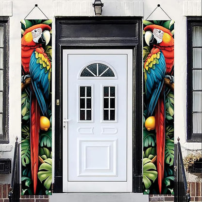 Tropical Parrot Porch Banners 71x12 Inch Summer Luau Party Decorations Colorful Macaw Hanging Door Signs Jungle Leaves Citrus Fruits Outdoor Patio Welcome Banner for Home Decor