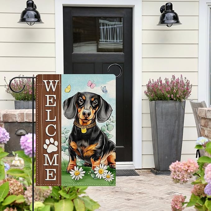 Dyrenson Welcome Dachshund Dog Decorative Garden Flag, Paw Prints Yard Outside Home Decoration Pet Owner Lover Gift, Spring Summer Burlap Outdoor Small Decor Double Sided 12 x 18