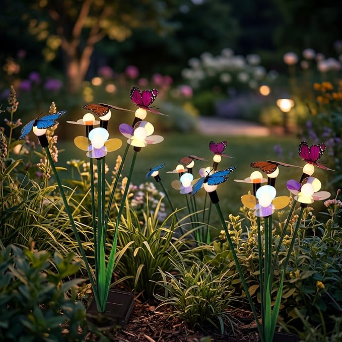 Hoikwo Solar Garden Lights 4 Pack, Swaying Butterfly Flower Stakes Outdoor, Lifelike Butterflies and Flowers with 6 LED Warm Lights, Solar Lights Decor for Yard, Patio, Garden, Pathway