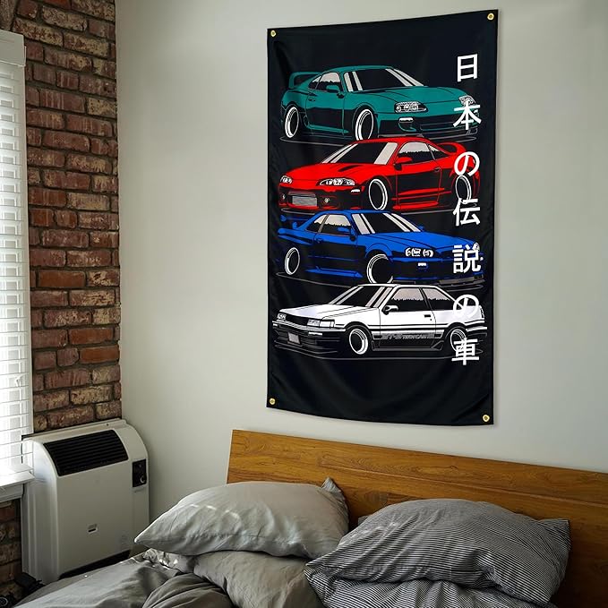 JDM Japanese Car GTR Flag 3x5 ft Fans Wall Tapestry Huge Garage Room Decor Heavy Duty 150D Polyester Wall Tapestry Poster Decor