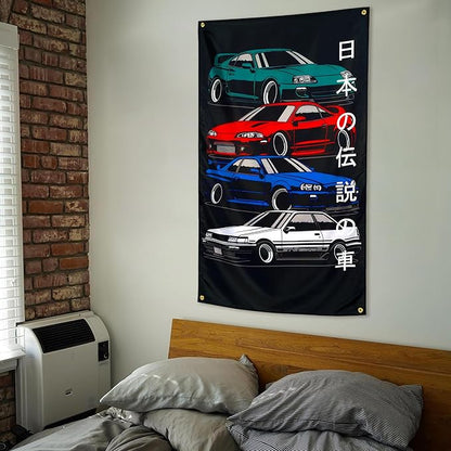 JDM Japanese Car GTR Flag 3x5 ft Fans Wall Tapestry Huge Garage Room Decor Heavy Duty 150D Polyester Wall Tapestry Poster Decor