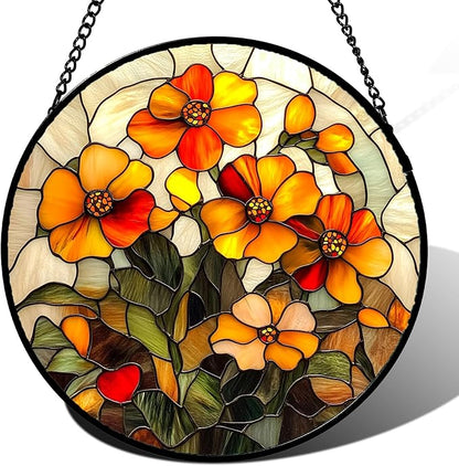 Stained Glass Window Hanging - Orange Marigolds Flowers Suncatcher for Door Garden Yard Sun Catchers Decor Christmas Mother's Day Birthday Gifts for Women Mom Nana Girlfriend Men 15 in