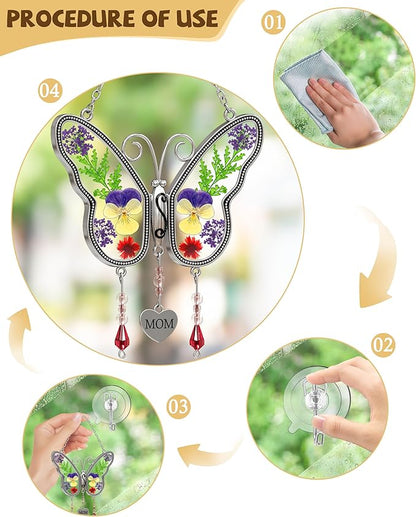 Butterfly Suncatcher Mom Gifts Stained Glass Sun Catchers for Windows Hangings Ornaments with Pressed Flower Wings Embedded in Glass and Metal Trim MOM Heart Charm Birthday Gifts for Mom