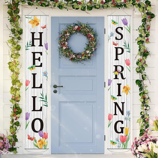 Hello Spring Porch Banner for Front Door Spring Door Banner Colorful Floral Green Leaves Porch Sign Hanging Flag Vintage Spring Decorations Seasonal For Yard Indoor Outdoor Decorations