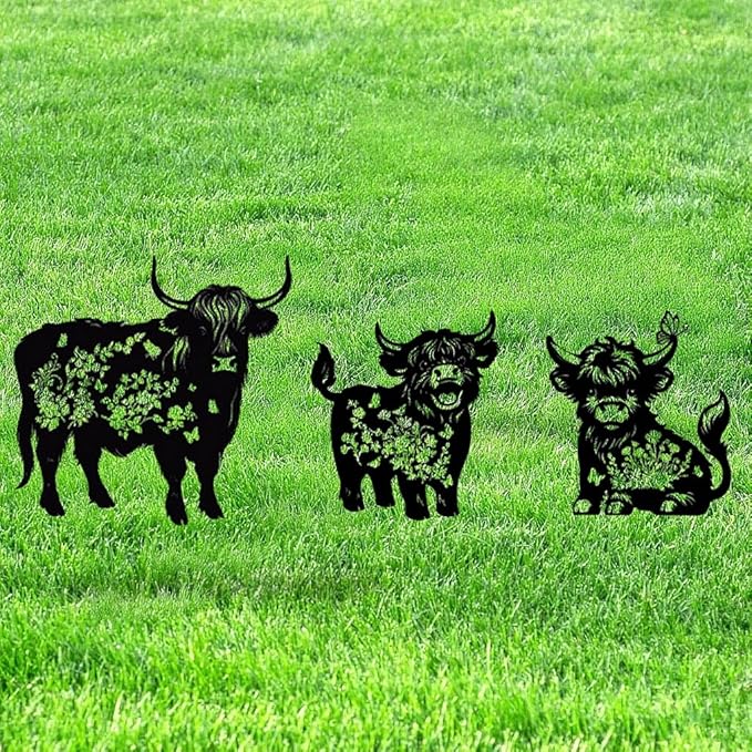 Metal Highland Cattle Decor for Outside,3 Piece Black Highland Cattle Silhouette Statues Garden Decor for Outside,Outdoor Decor,Yard Art,Lawn Ornaments,Gifts(Black Highland Cattle)