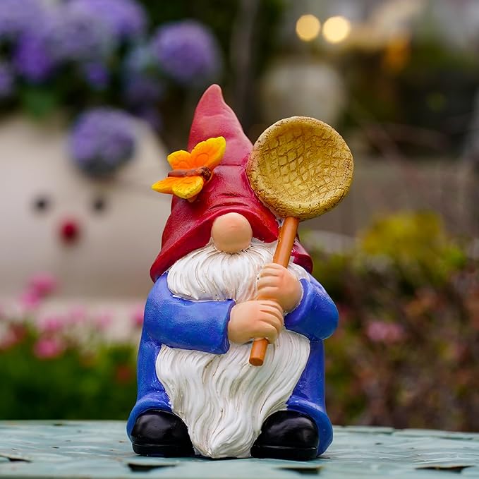 Garden Gnome Statue with Butterfly Net - Hand-Painted Resin Figurine 6.1in, Weatherproof Outdoor Decor for Patio, Yard, Lawn - Durable Indoor/Outdoor Accent, Gift for Mom,Women