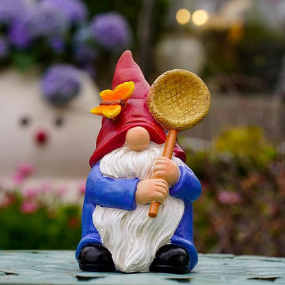 Garden Gnome Statue with Butterfly Net - Hand-Painted Resin Figurine 6.1in, Weatherproof Outdoor Decor for Patio, Yard, Lawn - Durable Indoor/Outdoor Accent, Gift for Mom,Women