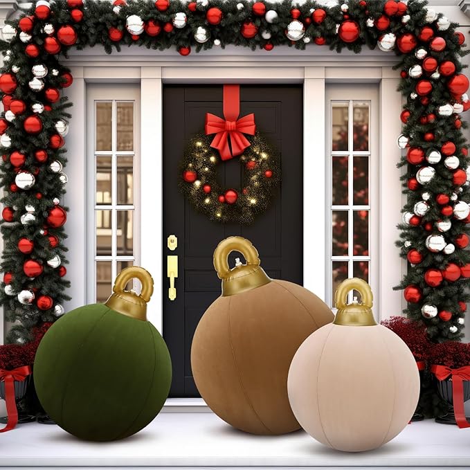 Jenaai 3 Pcs Giant Velvet Christmas Inflatable Ball Ornament Large PVC Christmas Inflatable Balls 3 Size 24" 20" 18" Xmas Hanging Ornaments Outdoor Decor for Lawn Porch Yard(Classic)