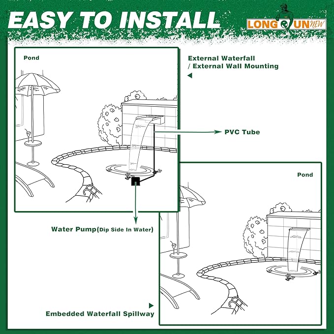 Waterfall Pool Fountain, LONGRUNNEW Stainless Steel Waterfall Spillway with Pipe Connector Kits for Outdoor/Indoor Decorative, 35.4 Inches Pool Water Feature for Garden Patio, Backyard Koi Pond Decor