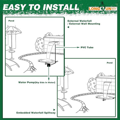 Waterfall Pool Fountain, LONGRUNNEW Stainless Steel Waterfall Spillway with Pipe Connector Kits for Outdoor/Indoor Decorative, 35.4 Inches Pool Water Feature for Garden Patio, Backyard Koi Pond Decor
