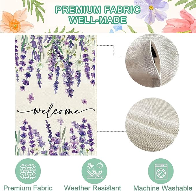 Baccessor Spring Summer Welcome Floral House Flag 28 x 40 Inch Vertical Double Sided Burlap Lavender Purple Flower Farmhouse Easter Yard Flag Holiday Seasonal Yard Outdoor Outside Decoration