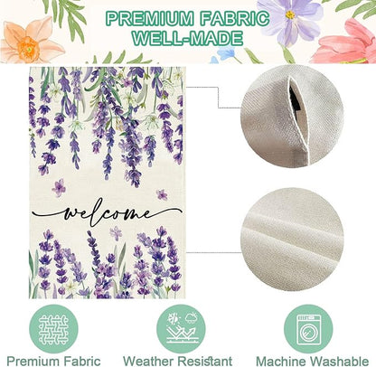 Baccessor Spring Summer Welcome Floral House Flag 28 x 40 Inch Vertical Double Sided Burlap Lavender Purple Flower Farmhouse Easter Yard Flag Holiday Seasonal Yard Outdoor Outside Decoration