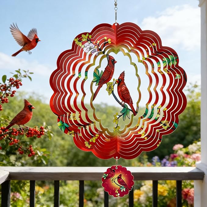 Cardinal Wind Spinner, 12Inch Metal 3D Kinetic Wind Spinners, Cardinal Gifts for Women, Mom, Garden & Yard Decor Outdoor/Indoor Decoration, Dynamic Art Hanging Sculpture