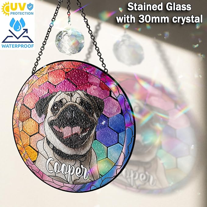 Pet Stained Glass Suncatcher Personalized Custom Name Pet Photo Ornament Window Hanging Home Decor Sympathy Gift for Loss of Pet Dog Cat Memorial Keepsake Remembrance Gift for Dog Lovers