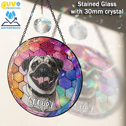 Pet Stained Glass Suncatcher Personalized Custom Name Pet Photo Ornament Window Hanging Home Decor Sympathy Gift for Loss of Pet Dog Cat Memorial Keepsake Remembrance Gift for Dog Lovers